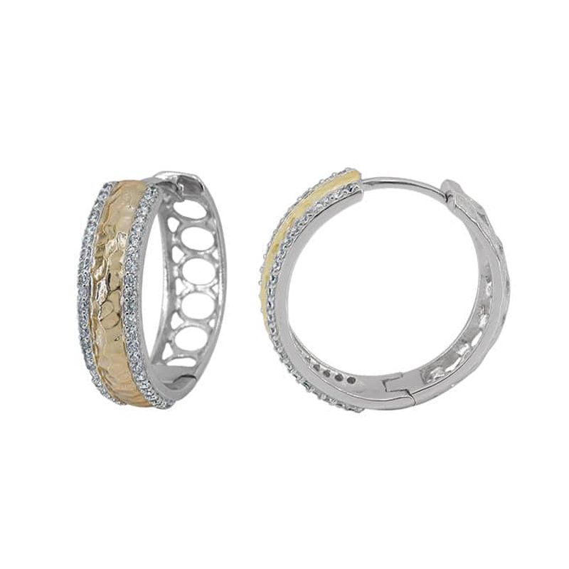 Two Tone Sterling Silver Huggies with CZs on Edges - Click Image to Close